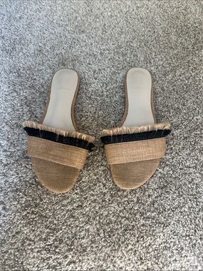 House of Harlow Woven Raffia Slide Sandals in Tan with Black Fringe